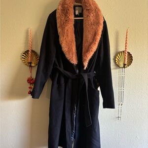 Women's Navy Coat with Pink Faux-Fur Collar